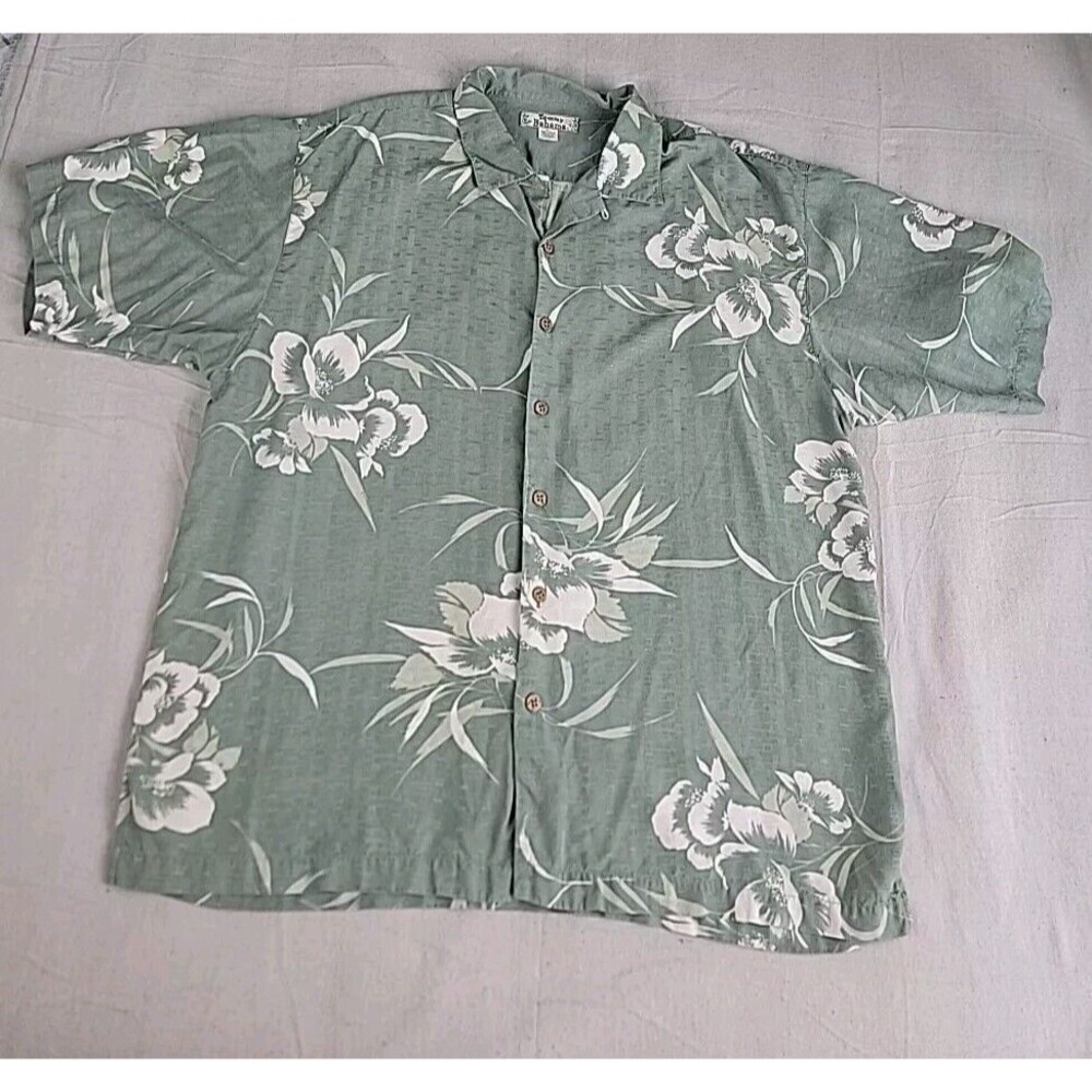 Tommy‎ Bahama Shirt Mens XL Sage Green Silk Tropical Floral Jacquard Camp Button